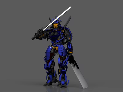 Blue And Yellow Mech Samurai Game Movie Character With Dual Swords And Armor 3d model