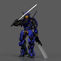 Blue And Yellow Mech Samurai Game Movie Character With Dual Swords And Armor