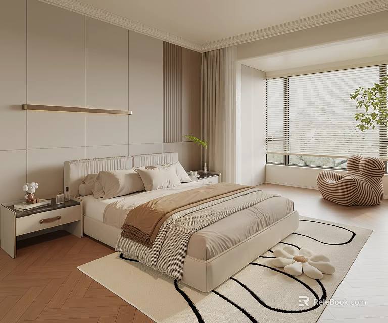 Modern Beige Bedroom Interior With Large Bed Green Plant Unique Chair And Patterned Rug 3d model 