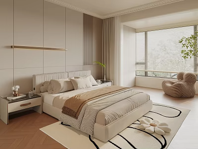 Modern Beige Bedroom Interior With Large Bed Green Plant Unique Chair And Patterned Rug 3d model
