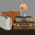 Vintage Suitcases Stacked Brown White Patterned With Retro Fan On Top