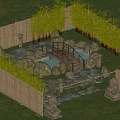 Japanese Garden Landscape With Bamboo Fence Wooden Bridge Pond Stones And Green Plants