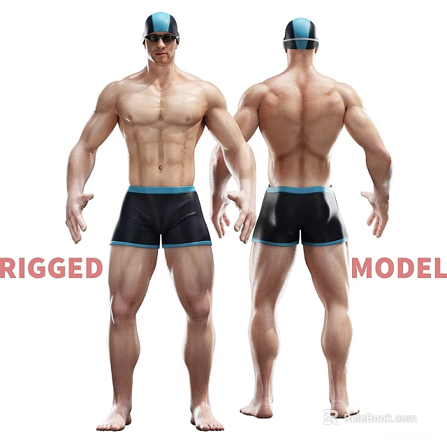 Toned Muscular Man Fitness Model Displaying Front And Back Physique 3d model 