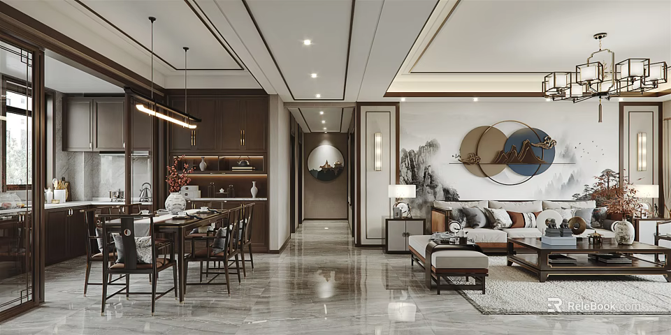 Modern Chinese Dining and Living Room Interior Design With Wooden Furniture And Decorative Paintings 3d model 