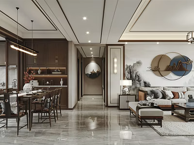 Modern Chinese Dining and Living Room Interior Design With Wooden Furniture And Decorative Paintings 3d model