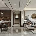 Modern Chinese Dining and Living Room Interior Design With Wooden Furniture And Decorative Paintings