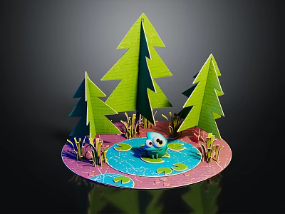 Cartoon Scene With Green Trees Blue Frog And Small Pond On Pink Ground 3d model
