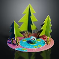 Cartoon Scene With Green Trees Blue Frog And Small Pond On Pink Ground