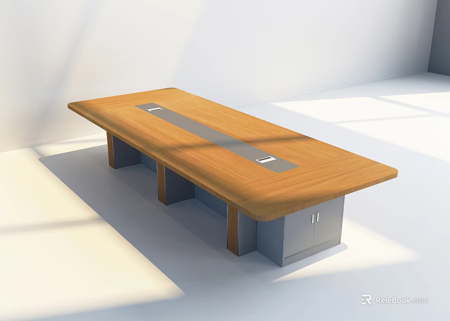 Modern Office Desk With Wooden Tabletop And Gray Metal Base In Bright Room 3d model 