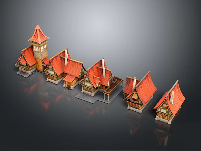 Traditional Style Buildings with Red Roofs Pointed Gables and Wooden Structures Arranged in a Row 3d model