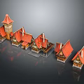 Traditional Style Buildings with Red Roofs Pointed Gables and Wooden Structures Arranged in a Row
