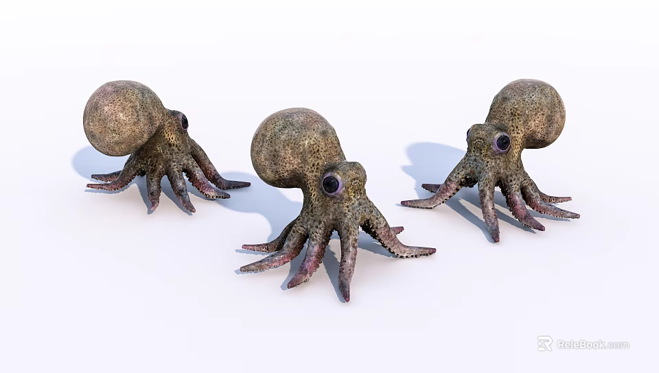 Three Brown Spotted Octopuses With Large Eyes And Long Tentacles 3d model 