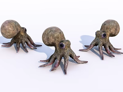 Three Brown Spotted Octopuses With Large Eyes And Long Tentacles 3d model