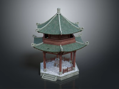 Traditional Chinese Pavilion With Green Curved Roof Red Pillars And Stone Base 3d model
