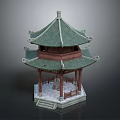 Traditional Chinese Pavilion With Green Curved Roof Red Pillars And Stone Base