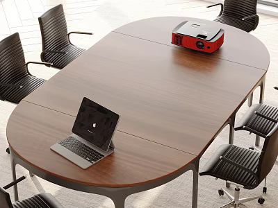 Oval Wooden Conference Table With Laptop Red Projector And Black Chairs 3d model