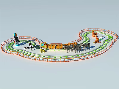 Fun Kids Amusement Ride with Animal Themed Curved Track and Orange Green Train Cars 3d model
