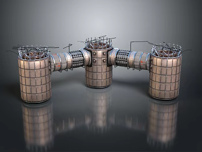 Metallic Industrial Cylindrical Structures Featuring Interconnected Pipes And Grid Patterns 3d model