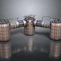 Metallic Industrial Cylindrical Structures Featuring Interconnected Pipes And Grid Patterns
