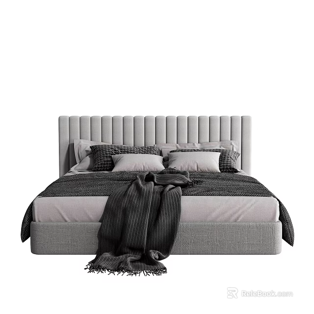Modern Double Bed With Upholstered Striped Headboard Plush Pillows And Cozy Throw Blanket 3d model 