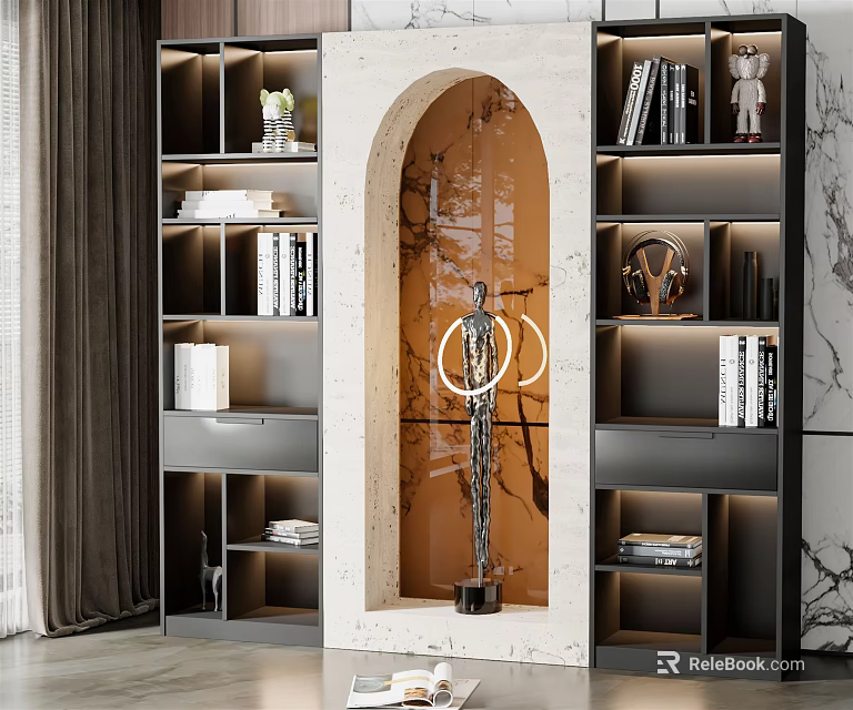Elegant Modern Arched Bookcase Interior With Marble Accents And Decorative Books 3d model 