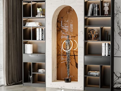 Elegant Modern Arched Bookcase Interior With Marble Accents And Decorative Books 3d model