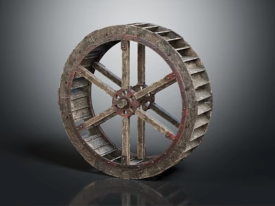 Antique Wooden Waterwheel With Metal Components Worn Spokes Gear Like Edges And Gray Background 3d model