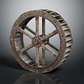 Antique Wooden Waterwheel With Metal Components Worn Spokes Gear Like Edges And Gray Background