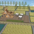 Rural Landscape With Golden Rice Fields Triangular Wooden Pavilion And Outdoor Seating