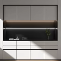 Modern White Black Decorative Cabinet With Layered Design Integrated Lighting Books Clock And Potted Plant