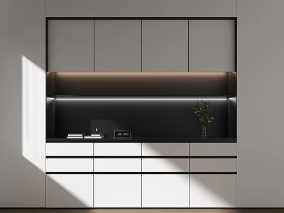 Modern White Black Decorative Cabinet With Layered Design Integrated Lighting Books Clock And Potted Plant 3d model