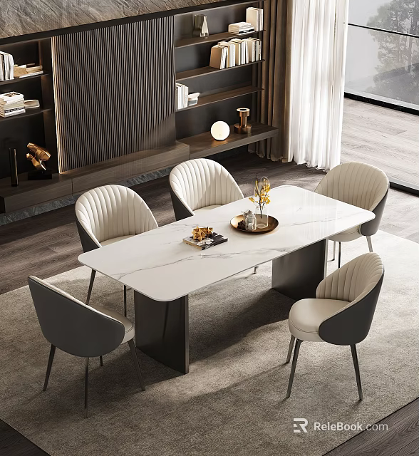 Modern Dining Table Set With White Marble Top And Elegant Gray Beige Chairs 3d model 