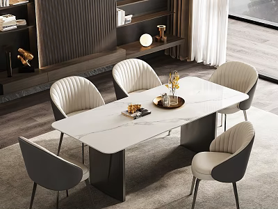 Modern Dining Table Set With White Marble Top And Elegant Gray Beige Chairs 3d model