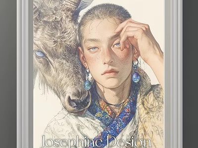 Portrait Painting of Young Woman with Yak Blue Earrings and Colorful Scarf 3d model