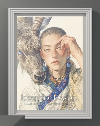 Portrait Painting of Young Woman with Yak Blue Earrings and Colorful Scarf 3d model
