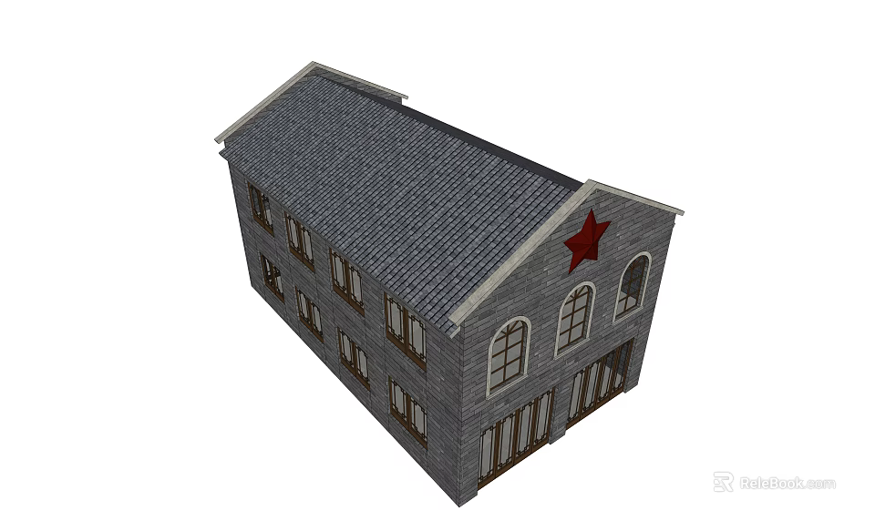 Traditional Style Commercial Complex With Grey Tiled Roof Red Star Arched Windows And Grey Walls 3d model 