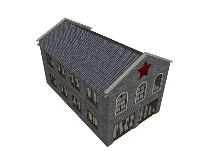 Traditional Style Commercial Complex With Grey Tiled Roof Red Star Arched Windows And Grey Walls 3d model