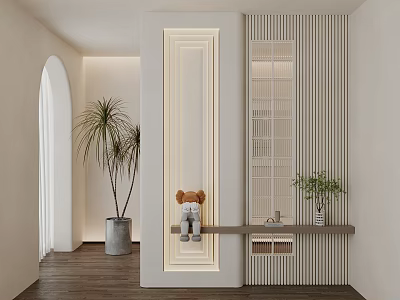 Modern Interior Entryway With Arched Doorway Wooden Flooring Stuffed Bear On Shelf And Green Plants 3d model