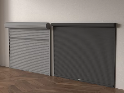 Two Different Colored Roller Shutters Installed On White Wall With Wooden Floor 3d model