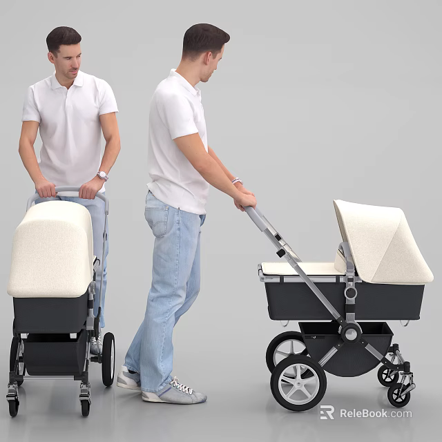 Men Pushing Modern Baby Strollers In White Shirts And Blue Jeans 3d model 
