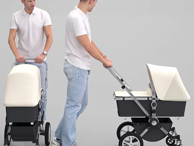 Men Pushing Modern Baby Strollers In White Shirts And Blue Jeans 3d model