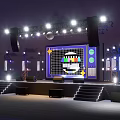 Ballroom Stage with Large Screen Cartoon Pattern Bright Lights Steps and Black Seats