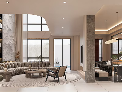 Spacious Duplex Living Room With Curved Sofa Large Windows And Round Rug 3d model