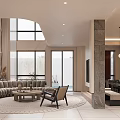 Spacious Duplex Living Room With Curved Sofa Large Windows And Round Rug