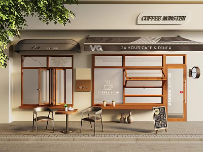 Modern 24 Hour Cafe Diner Storefront With Outdoor Seating Wooden Elements And Glass Windows 3d model