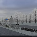 Road Facilities Along Snow Covered Street With Street Lamps And Parked Car Under Overcast Sky