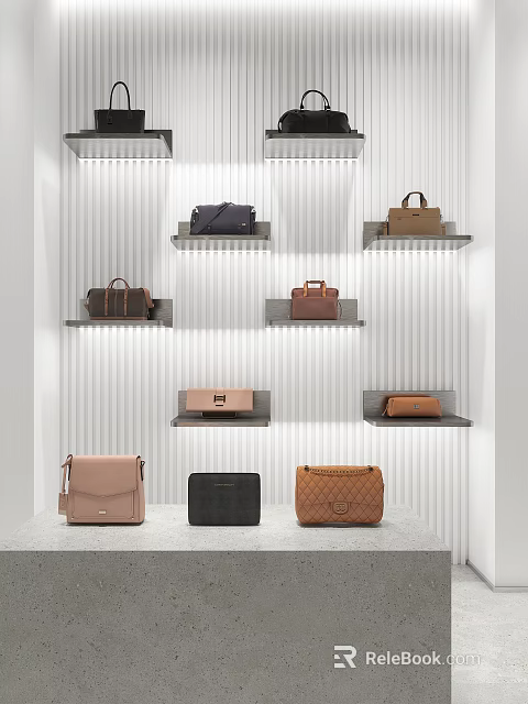 Stylish Designer Handbags Display With Various Colors And Modern Wall Shelves 3d model 