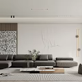 Modern Living Room Interior With Gray Sofa Decorative Artwork And Wooden Coffee Table