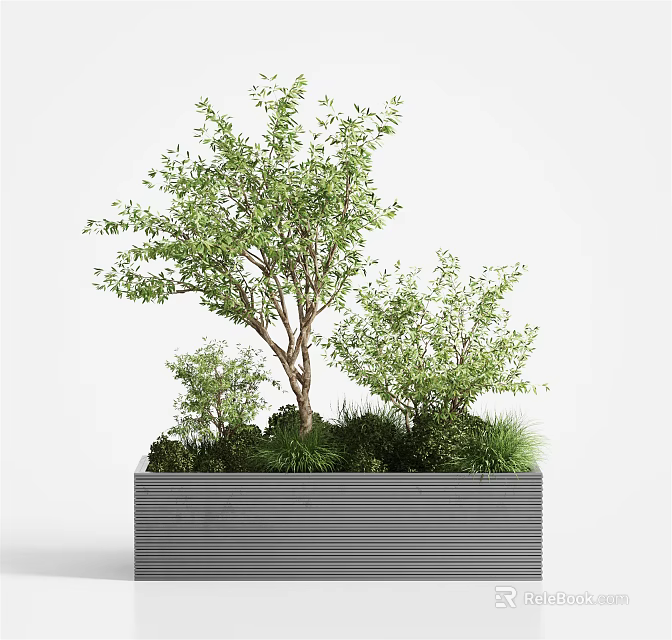 Decorative Bonsai Potted Plant With Tree Small Shrubs Grass In Gray Striped Pot 3d model 