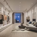 Modern Clothing Store Interior With Hanging Clothes Display Racks Sofa Rug And Large Window Plant